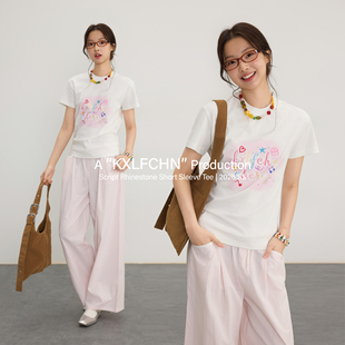 KXLFCHN空穴来风 夏季休闲百搭修身款草写烫钻字母短袖上衣T恤女