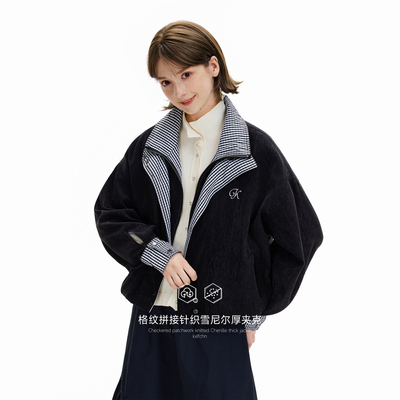 KXLFCHN空穴来风格纹拼接针织雪尼尔厚夹克上衣女立领宽松外套冬