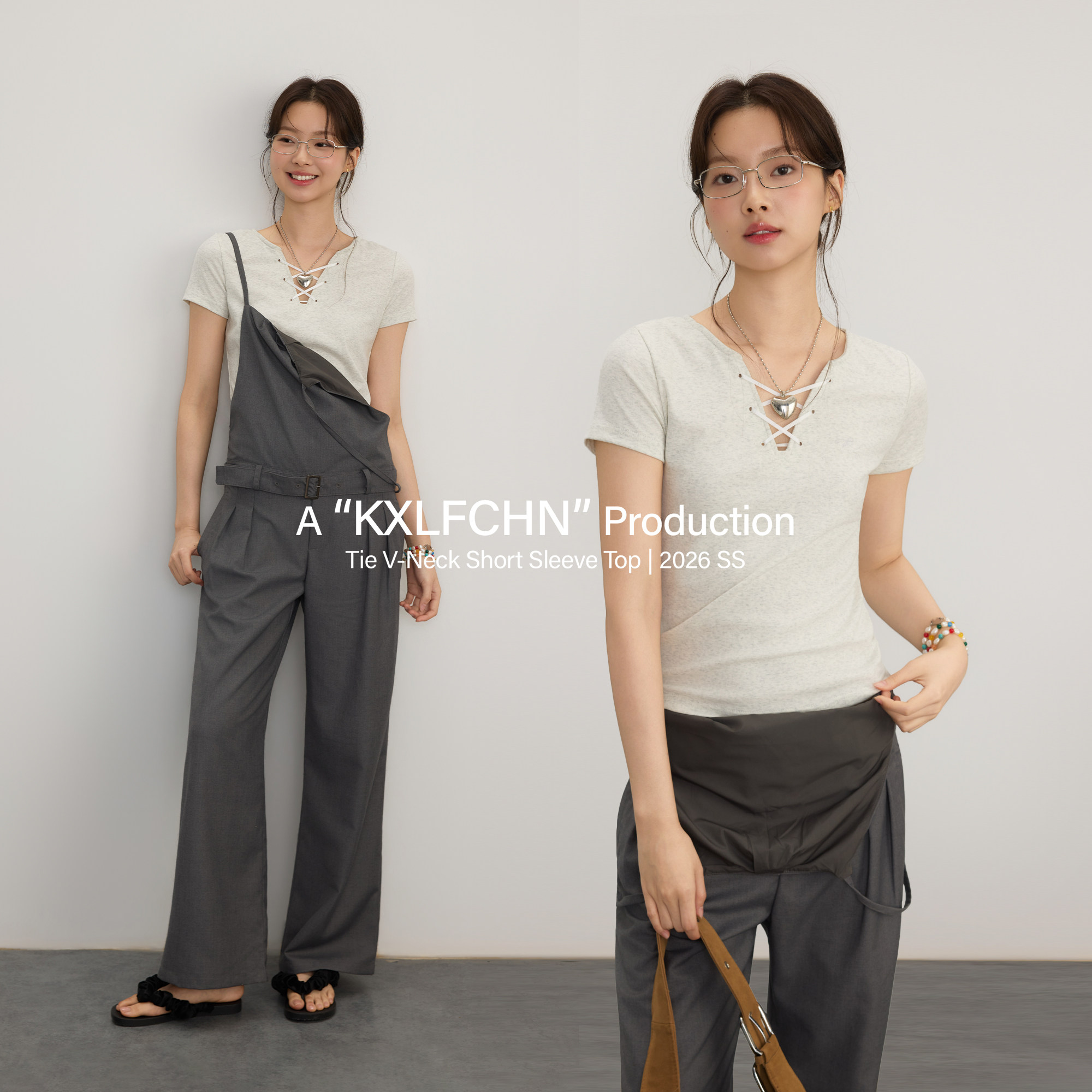 KXLFCHN空穴来风 绑带V领短袖T恤夏季修身显瘦设计感百搭简约上衣图片