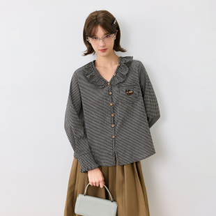 简约休闲百搭衬衣女 衬衫 KXLFCHN空穴来风 春秋细格V领荷叶边长袖