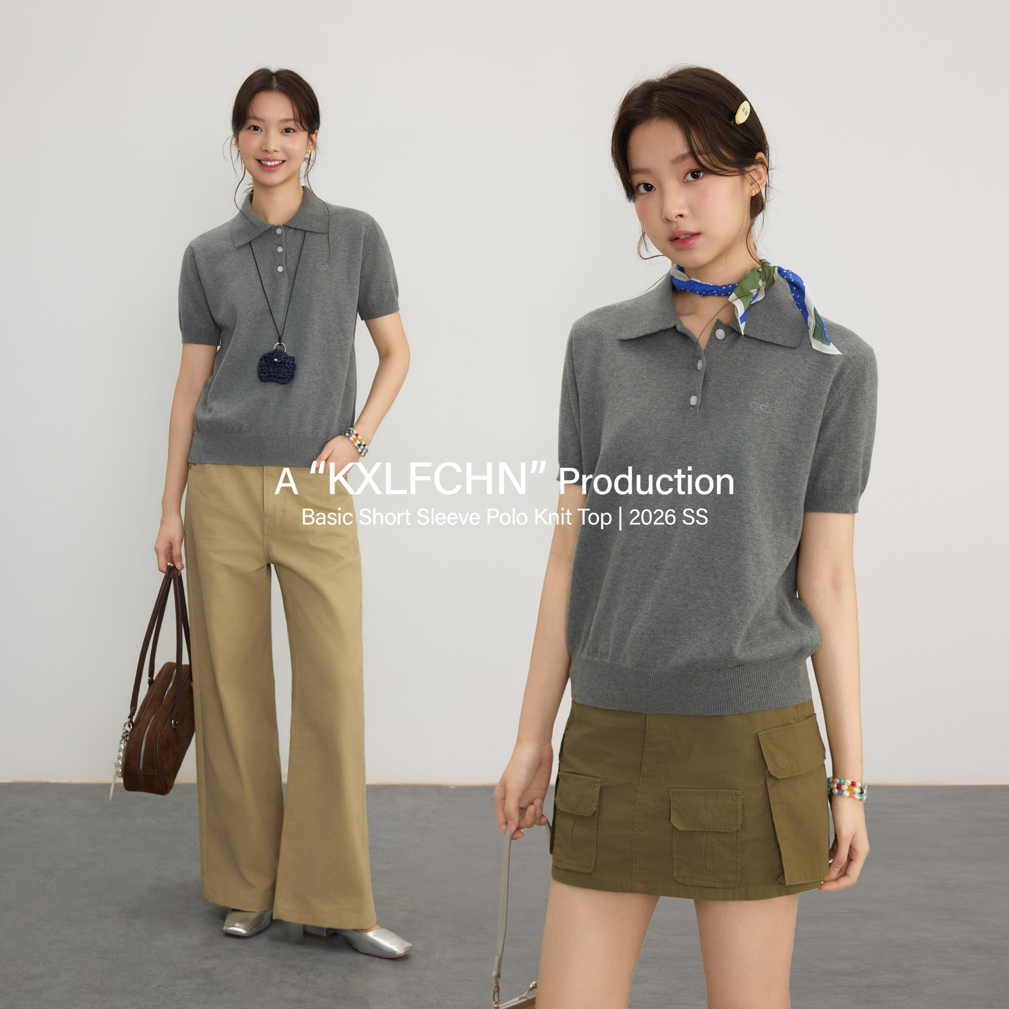 KXLFCHN空穴来风 麻灰色POLO针织衫女上衣夏日基础温柔风短袖T 恤图片