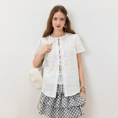 KXLFCHN 空穴来风肌理感绑带衬衫短袖夏季女格纹上衣设计感宽松