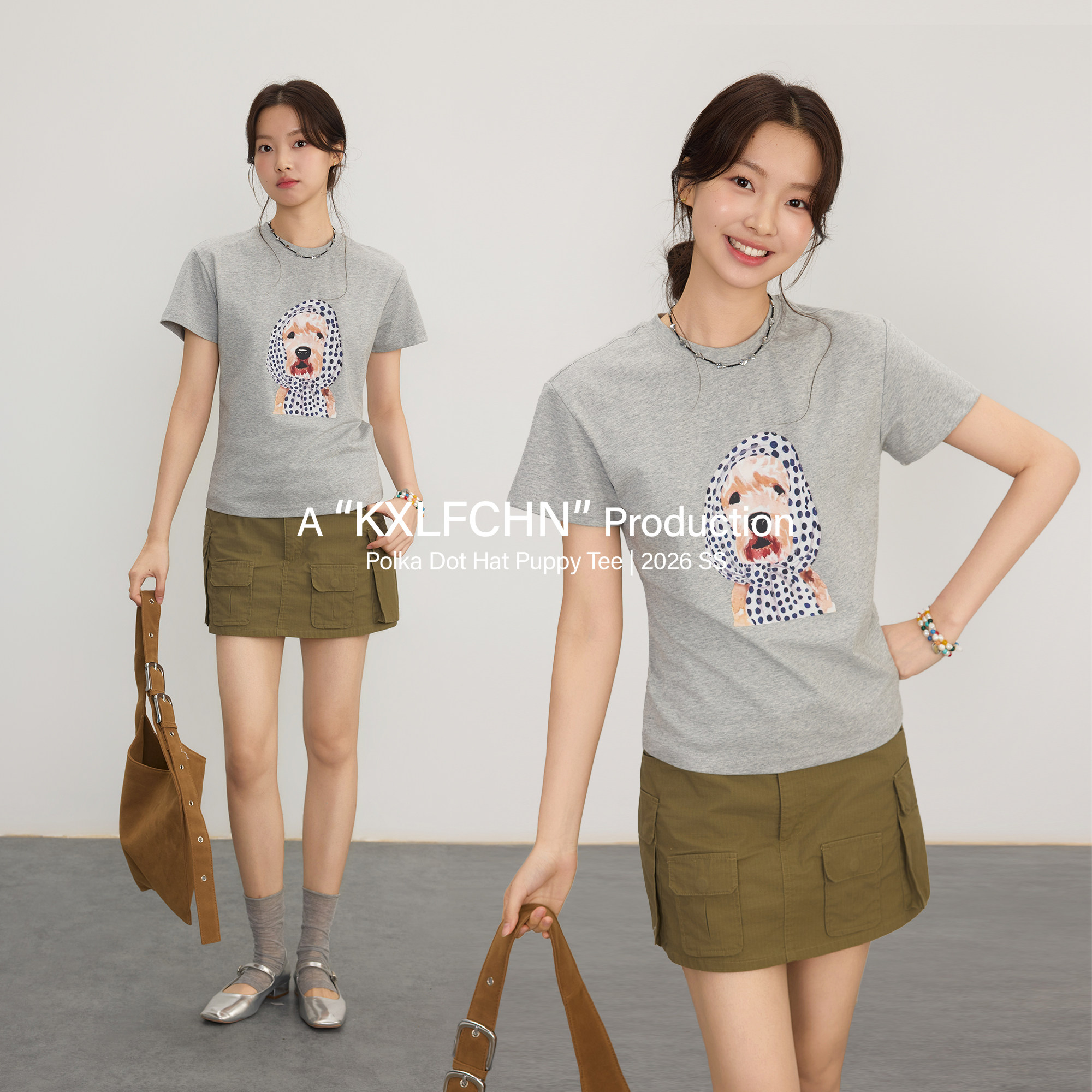 KXLFCHN空穴来风 波点帽小狗图案宽松休闲款百搭女上衣短袖tee