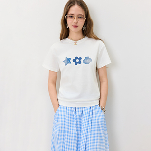 KXLFCHN空穴来风 宽松休闲贴布绣小花简约百搭纯色短袖上衣T恤女