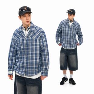 KXLFCHN空穴来风 蓝色格子衬衫男春秋复古宽松古巴领休闲长袖上衣