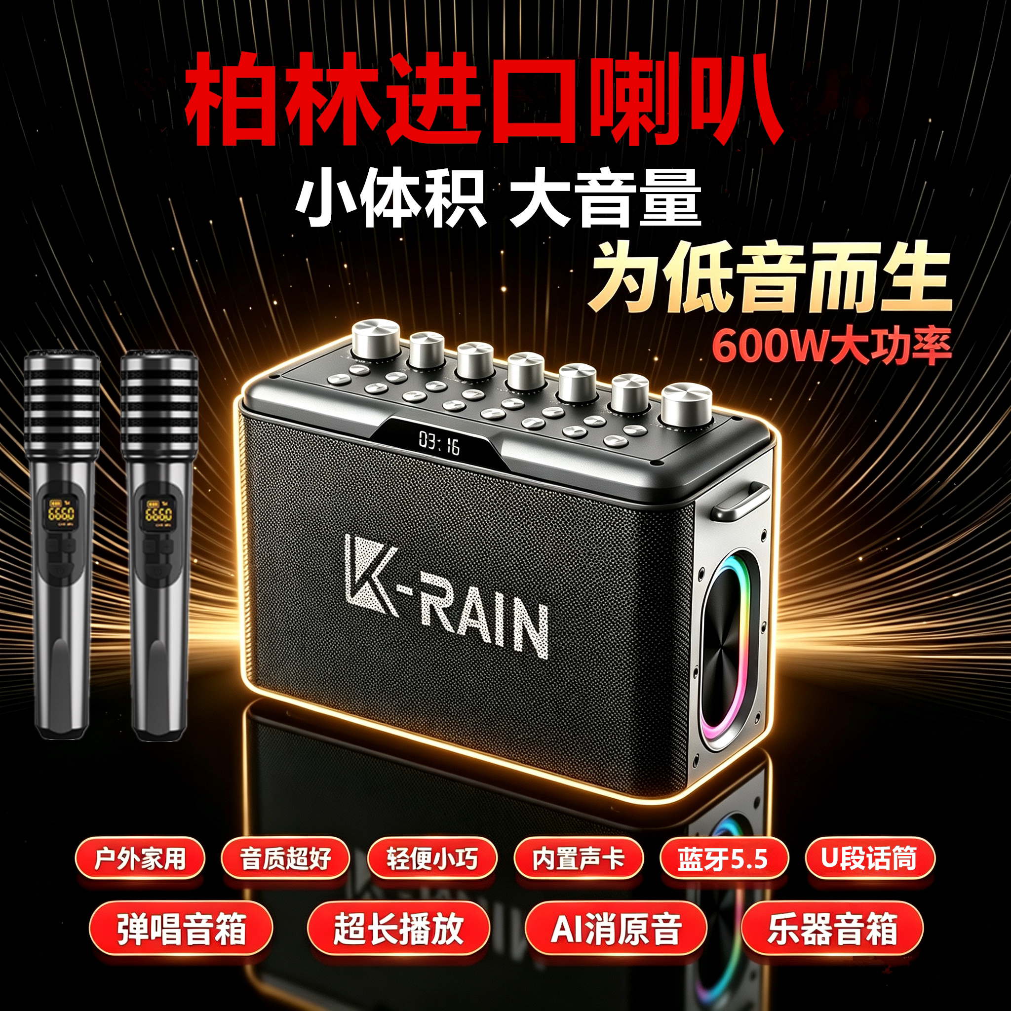 柏林之声600W户外K歌音响二胡蓝牙乐器音箱大音量广场舞低音炮3