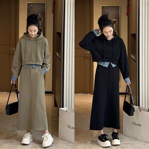 欧货套装女春季新款韩版拼接牛仔连帽卫衣+时尚百搭半身裙两件套
