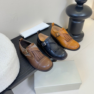 2025春秋新款全真皮牛皮圆头单鞋女平底流苏小皮鞋乐福鞋休闲女鞋