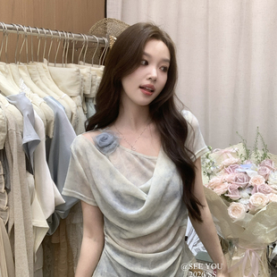 人荡领晕染印花假两件立体花朵抽褶显瘦上衣小衫 261188C YOU SEE