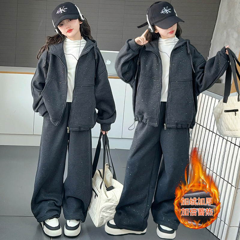 豆丁工坊女童冬装套装2025新款儿童秋冬季连帽卫衣两件套女大童阔