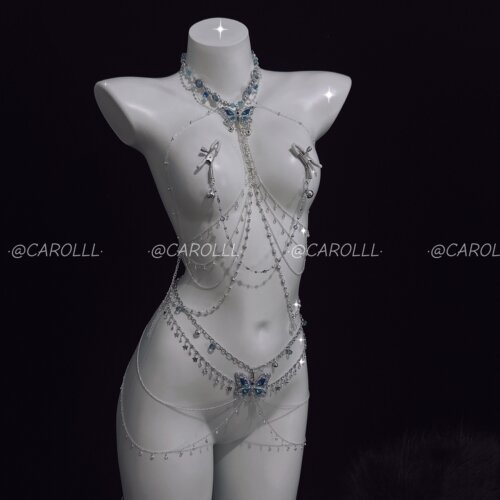 CAROLLL人鱼系列蓝闪钻蝴蝶重工身体链多层流苏写真造型配饰