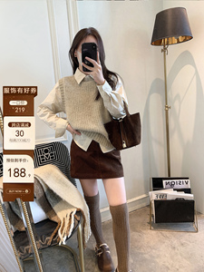 羊毛针织马夹背心2023秋冬新款女装韩版时尚长袖衬衫两件套女上衣