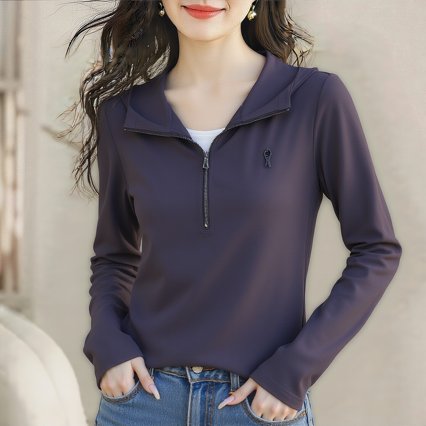 丽新折扣女装 M魅系列26春装30年老品牌高端灰色连帽拼接套头卫衣