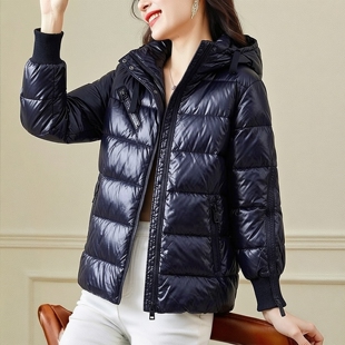 丽新折扣女装 F法系列25冬装新款休闲白鸭绒连帽斜拉链亮面羽绒服