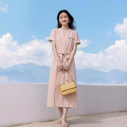 丽新折扣女装 H海 系列26艾 夏装新款气质高雅V领收腰细格连衣裙