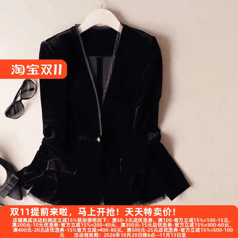显瘦百搭上衣丝绒黑色西装开衫