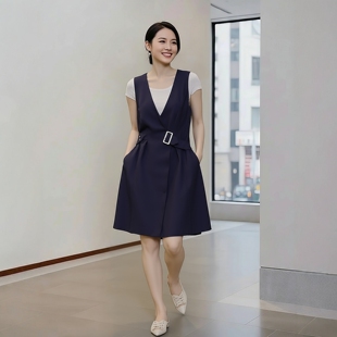 丽新折扣女装 P飘 系列25秋冬新款年轻都市女性V领收腰马甲连衣裙