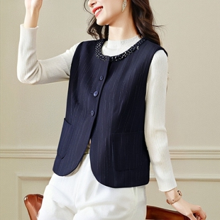 30年知名品牌钉珠领单排扣条纹马甲 系列25秋装 丽新折扣女装 M魅