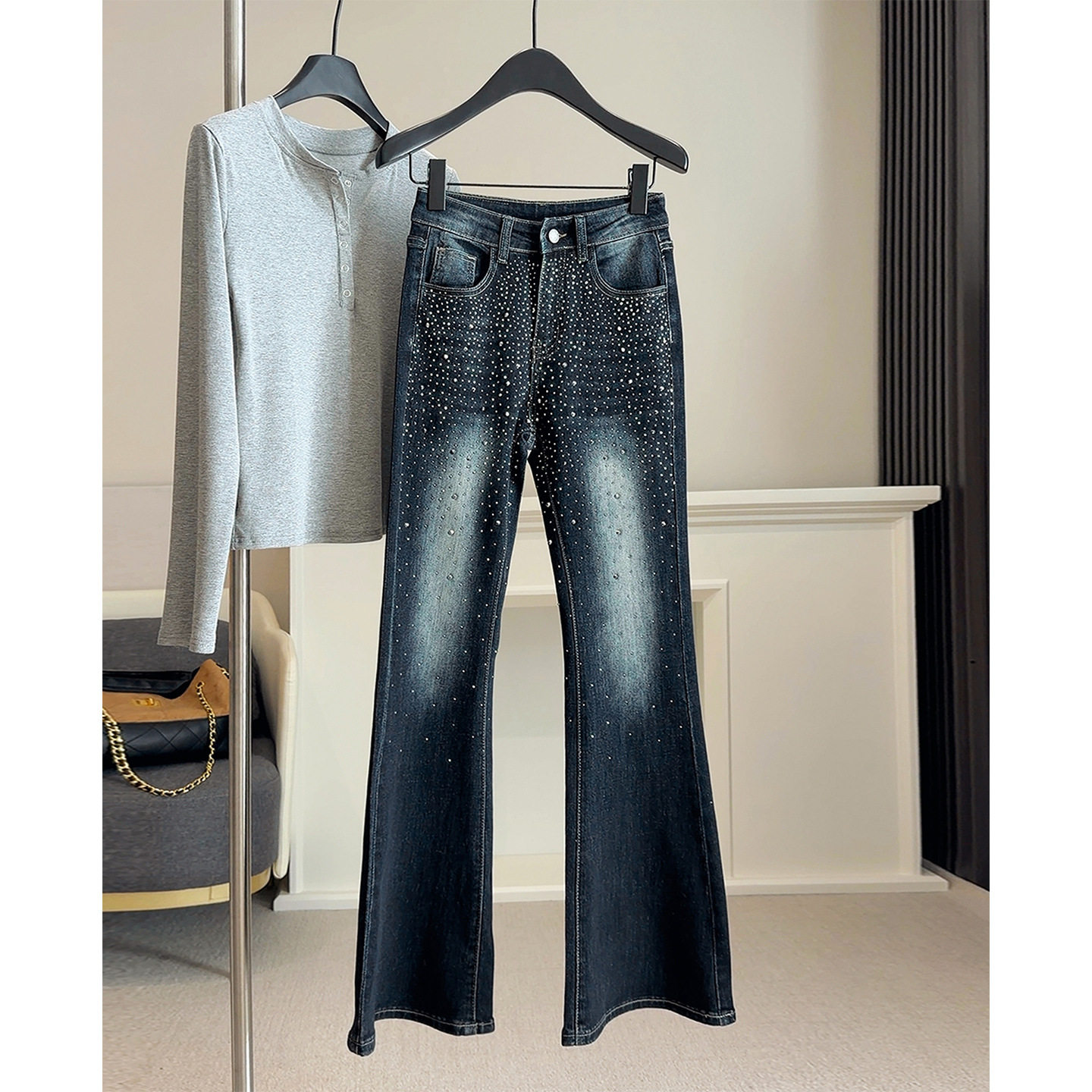 D丽新折扣 2026春季新款重工烫钻微喇牛仔裤高腰弹力显瘦喇叭裤,女装/女士精品,牛仔裤,淘宝优惠券,粉丝福利购,淘宝优惠卷