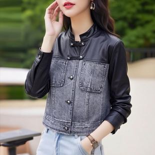 丽新折扣女装 30年老品牌盘扣牛仔拼接皮衣短外套 M魅系列26春装