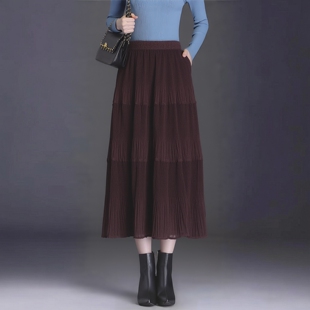 丽新折扣女装 30年老品牌高端褶皱咖纱裙半身裙3090 M魅系列26春装