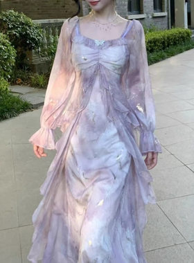 大码绝美紫色晕染烫金连衣裙女春季胖mm一字肩荷叶边仙气长袖裙子