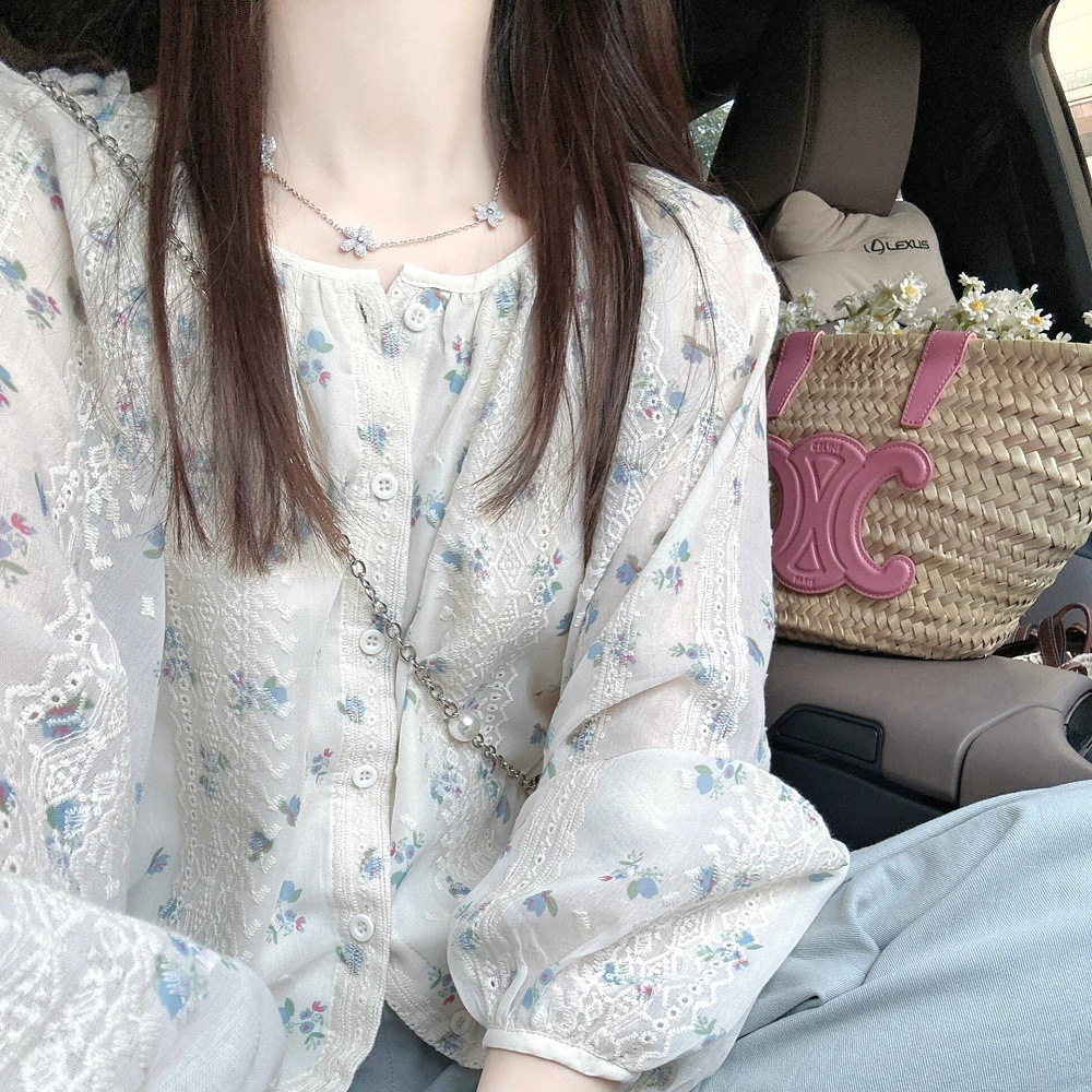 碎花泡泡袖雪纺蕾丝娃娃衫上衣女夏季薄款防晒设计感小众圆领衬衫