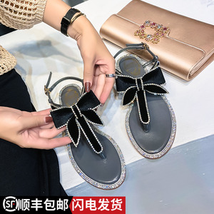 凉鞋2018夏季女鞋水钻平底蝴蝶结单鞋人字沙滩夹趾T型百搭罗马鞋