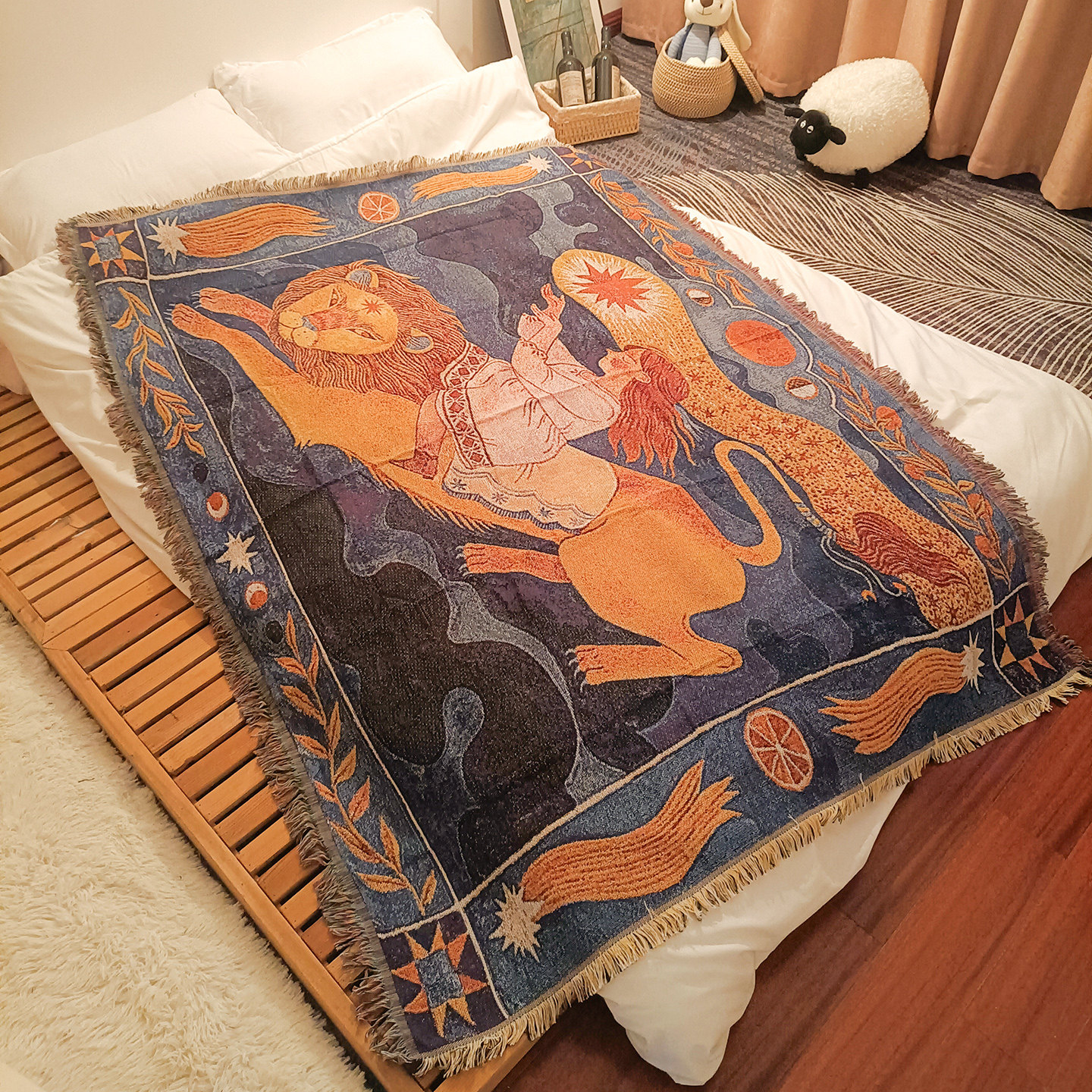 复古艺术图案小毯子床上用流苏边沙发盖布毯露营休闲毯办公室午睡