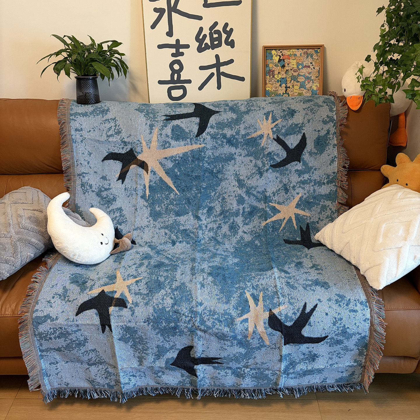飞鸟星芒小毯子沙发盖布毯流苏边休闲毯露营办公室午睡毯装饰毛毯
