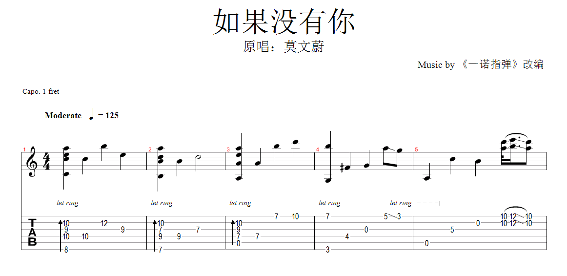 一诺指弹《如果没有你》吉他谱
