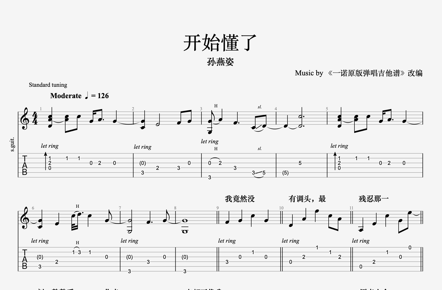 一诺弹唱版《开始懂了》吉他谱 乐器/吉他/钢琴/配件 五线谱电教板 原图主图