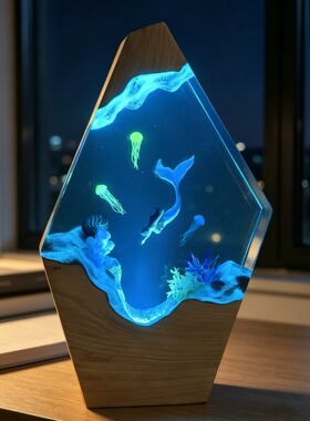环氧树脂实木海洋美人鱼水母遨游氛围灯遥控树脂海底探险灯