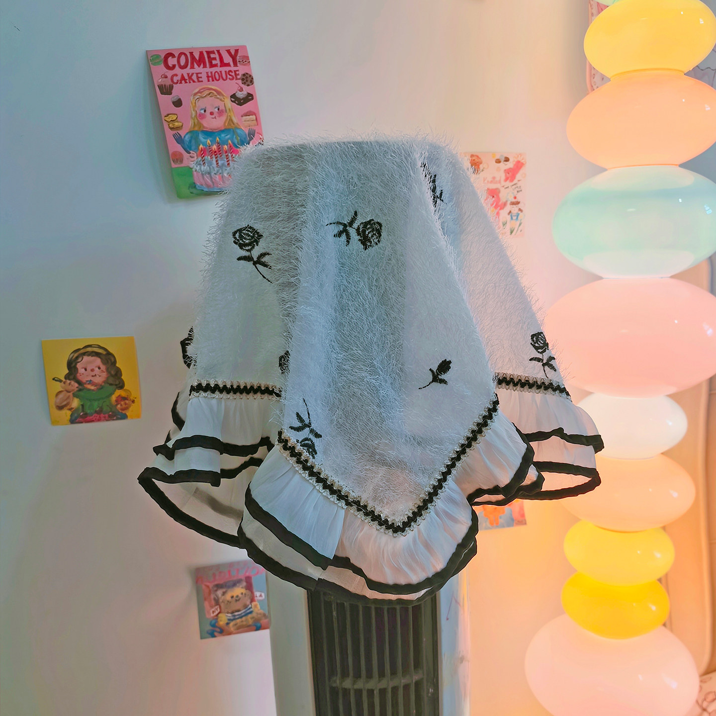 法式中古风黑色刺绣玫瑰花立式空调防尘罩柜机空调装饰罩圆柱形