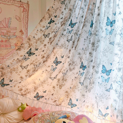 唯美蝴蝶阳台透光不透人飘窗窗帘客厅小香风花边厨房窗户遮挡帘