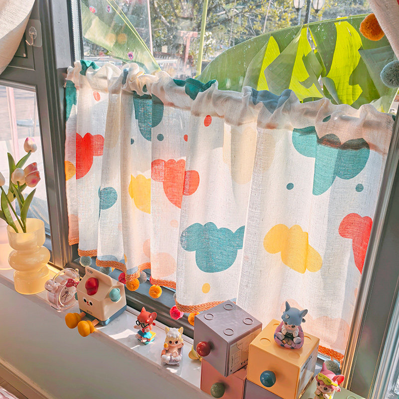 韩系多巴胺半截门帘毛绒大球球花边装饰厨房窗户遮挡帘透光不透人