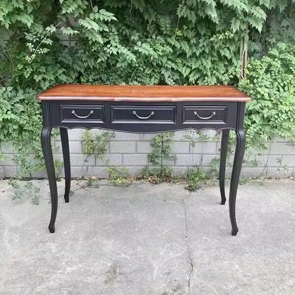 外贸出口ins实木美式乡村复古书桌胡桃全黑色抽屉边桌玄关桌梳妆