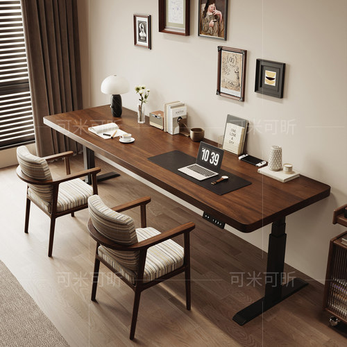 意式极简轻奢实木电动升降书桌工作台高级感现代客厅家用电脑桌子