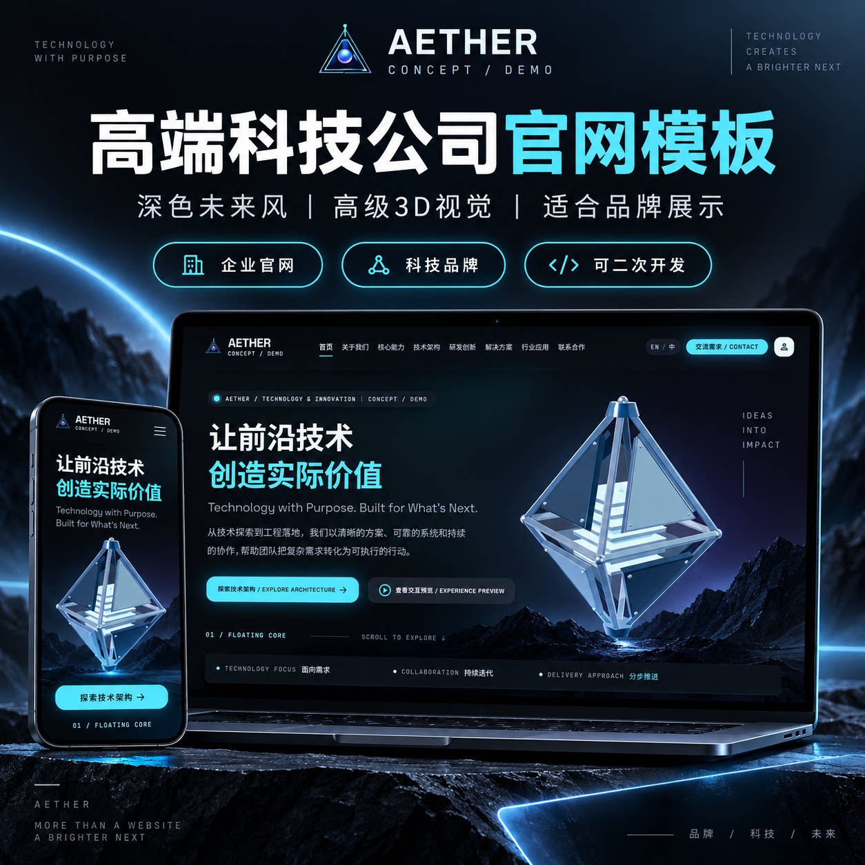 高端科技公司官网UI模板 3D交互网页 HTML源码 多页面可二开