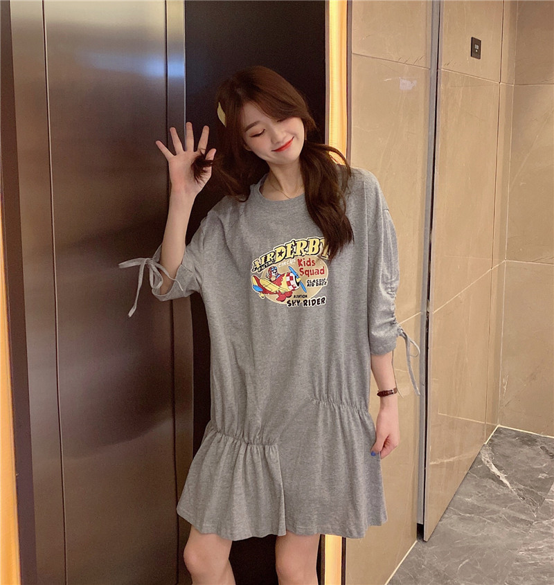 Real price printed drawstring pleated casual T-shirt dress