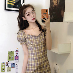實拍實價  法式復古格子泡泡袖連衣裙