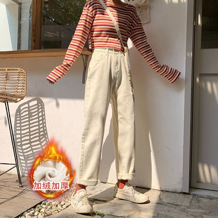 冬季宽松bf加绒加厚保暖哈伦牛仔裤女秋冬大码胖mm阔腿直筒老爹裤