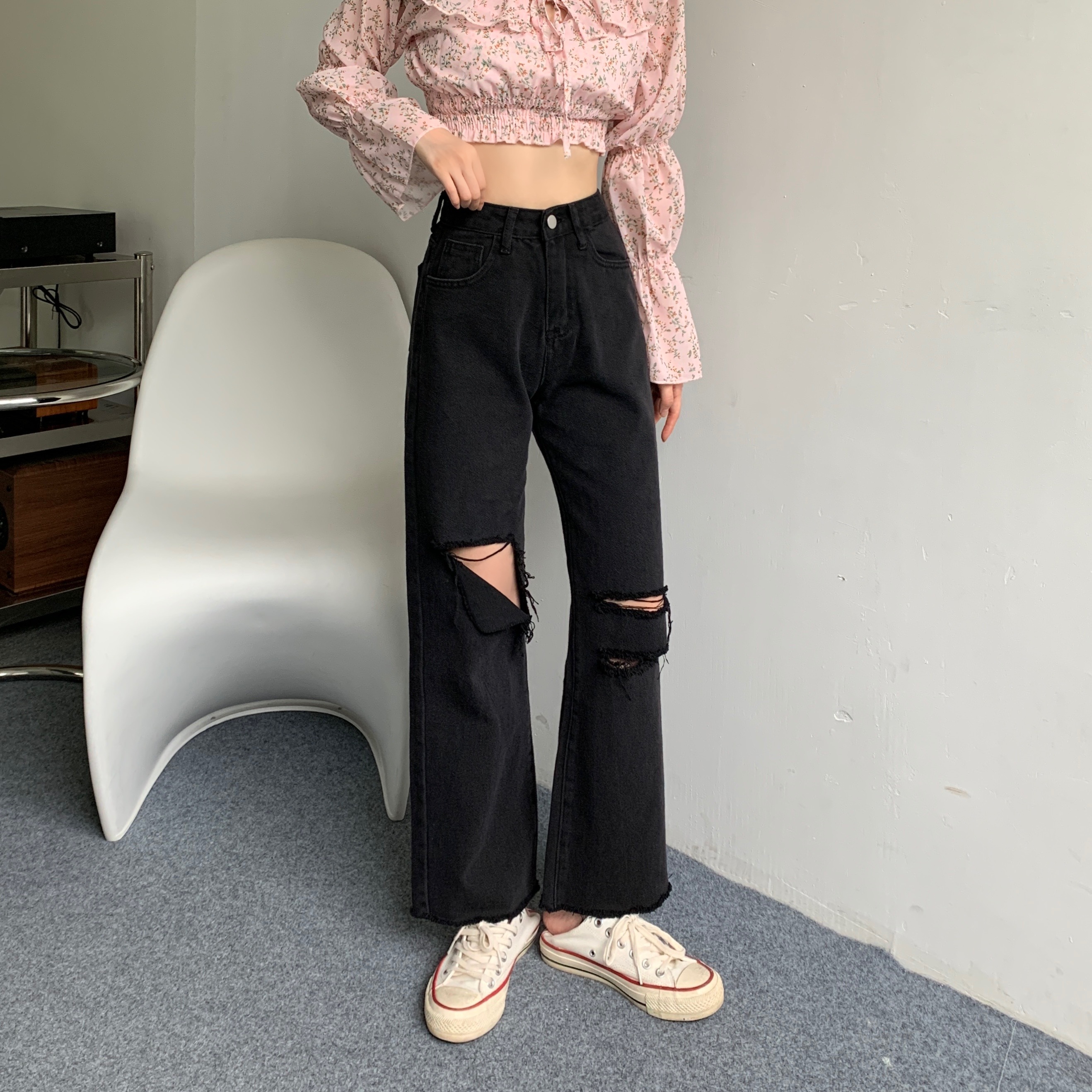 黑色破洞牛仔裤女春秋季大码宽松高腰直筒阔腿裤显瘦梨形身材裤子