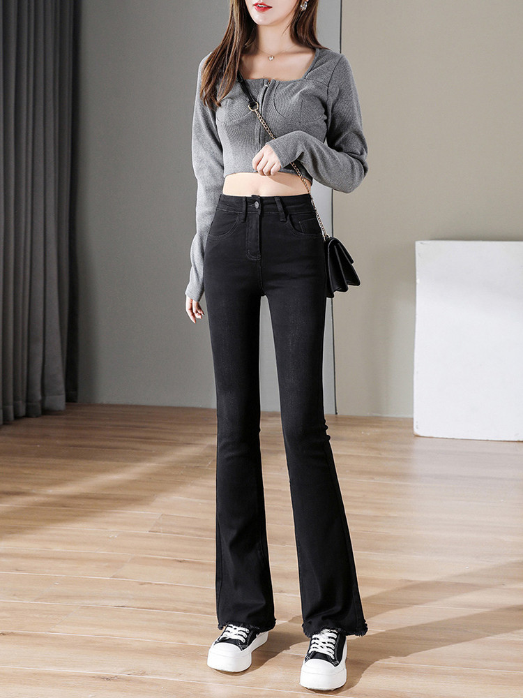 微喇叭牛仔裤女黑色高腰2024春秋新款大码胖mm弹力紧修身显瘦长裤