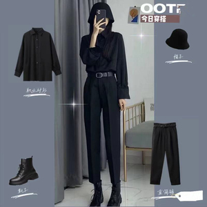 早秋新款港风复古chic减龄洋气大码胖mm职业西装阔腿裤两件套装女