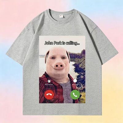 约翰波克打电话纯棉短袖男t恤John Pork爱猪人士幽默趣味学生衣服