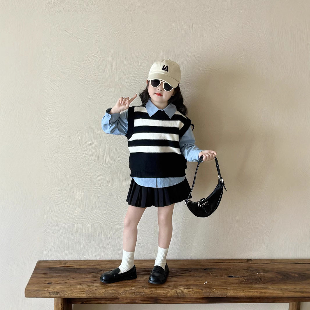 儿童韩版衬衫2025春秋新款黑白条纹马甲百褶半身裙女童长袖衬衣