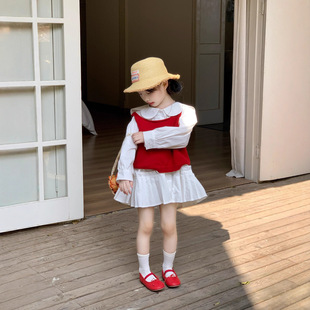 2025秋季新款童装儿童红色毛衣背心女童长袖百褶裙边大翻领衬衫裙