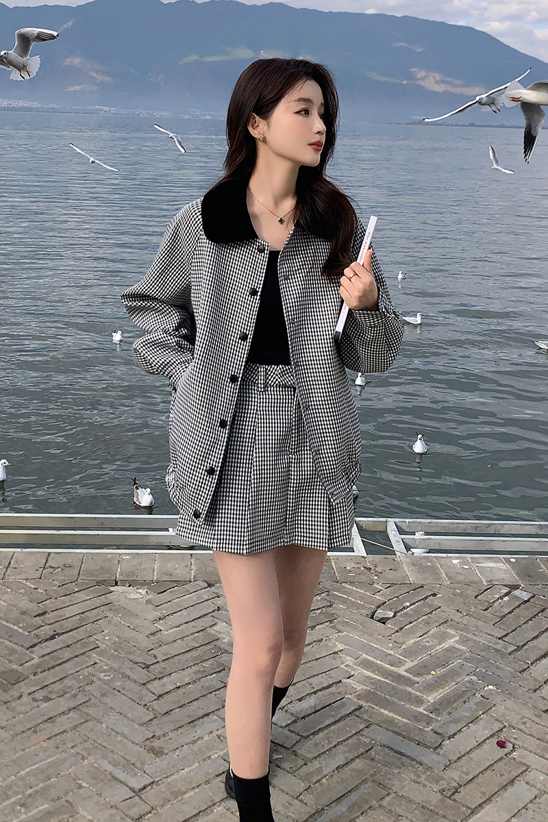 小香风复古休闲格子套装女秋季2025新款小个子穿搭外套短裙两件套,女装套装/套裙,2C053