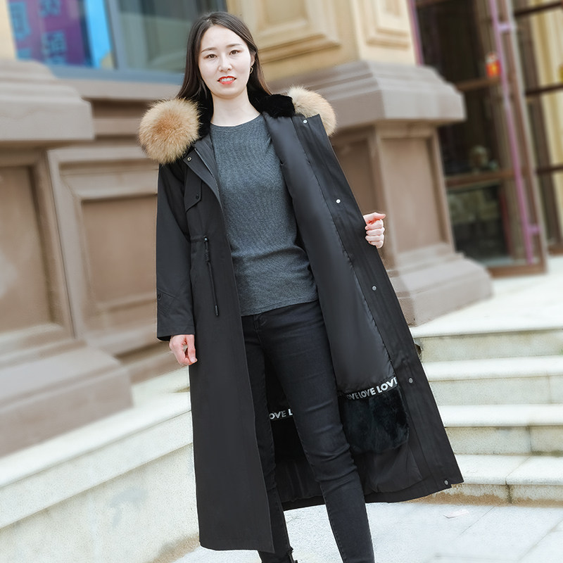 新款毛皮草派克服可拆卸獭兔内胆真皮大衣加长款女